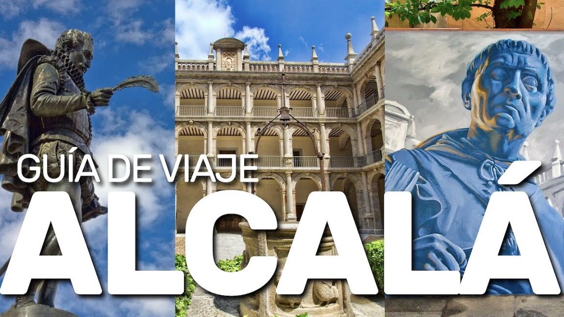 Collage de estatuas, claustro y fachadas históricas relacionado con el Mercado de Navidad de Alcalá de Henares
