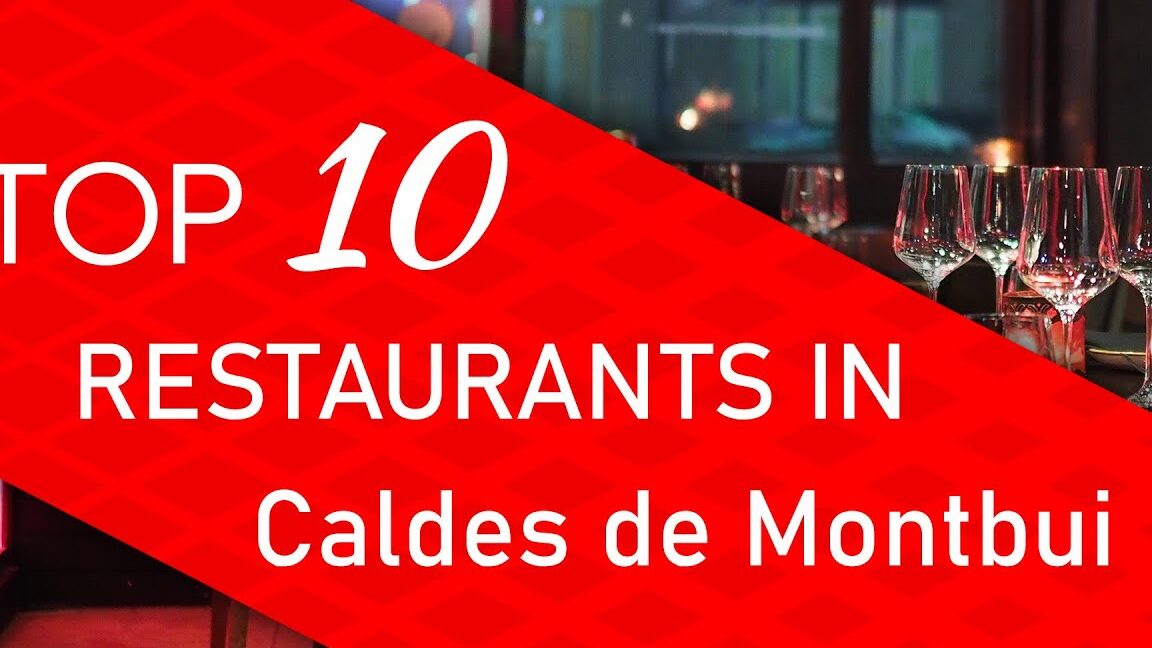 Cartel rojo con texto 'Top 10 Restaurants in Caldes de Montbui' junto a copas y mesa puesta, Feria de Navidad de Caldes de Montbui