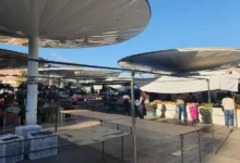 Puestos al aire libre bajo toldos circulares con vendedores y clientes en el Mercadillo de Coleccionismo de Córdoba.