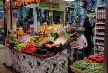 Puesto del Mercadillo de León con melones, naranjas colgadas y variedad de hortalizas