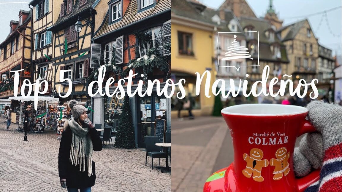 Persona abrigada paseando por el Mercadillo de Navidad de Llanera entre fachadas entramadas y una taza roja de chocolate caliente