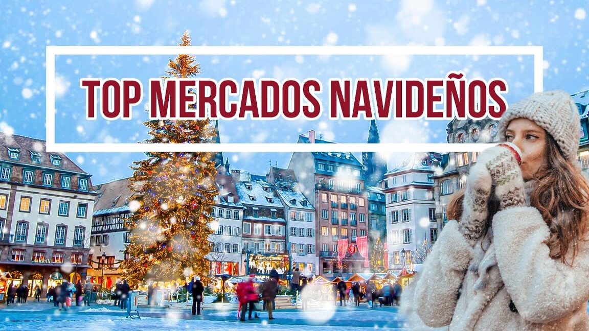Ambiente invernal en el Mercado de Navidad de Castellón con árbol iluminado, casetas y gente paseando