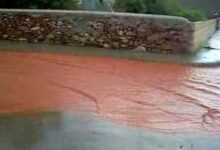 Calle anegada por agua rojiza junto a un muro de piedra en el Mercadillo de Segunda Mano de Requejo de Pradorrey.